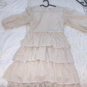 Charming Rustic Princess-Style Beige Dress with Black Dots - Like New